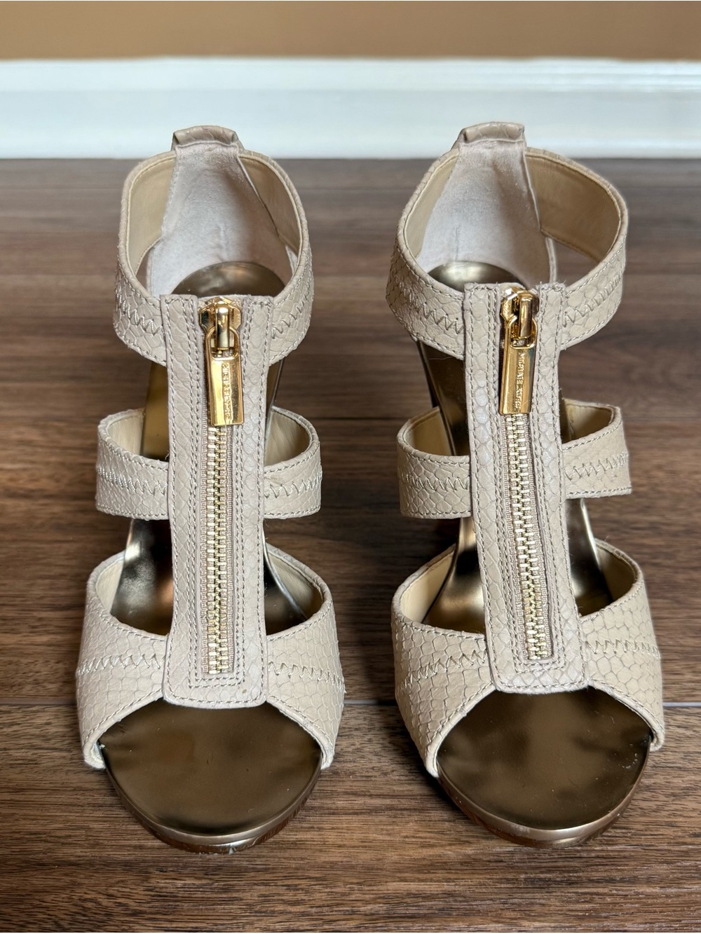 Michael Kors Berkley Strappy Snakeskin T-Strap High Heel Sandals - Picture 2 of 13